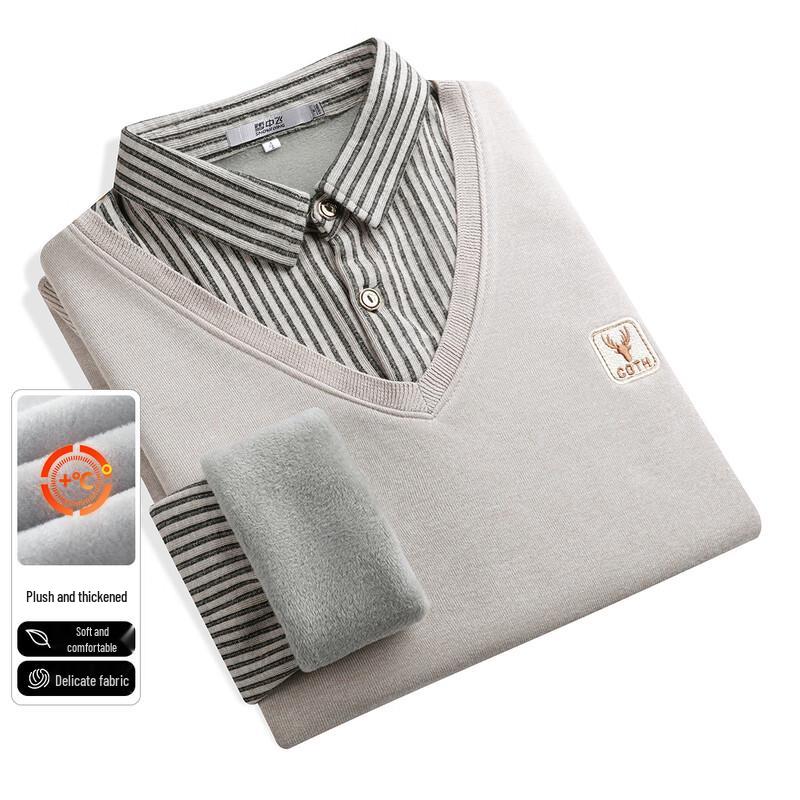 SNOWFLYING Men s Striped Fleece-Lined Faux Two-Piece Shirt Collar Sweater 4XL