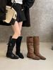 Retro Cow Flip Leather Belt Buckle Thick Heel Western Cowboy Boots Two Wear Lapel High Knight Boots Brown Boots Women