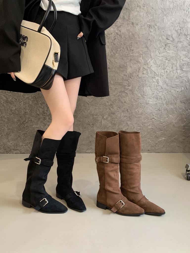 Retro Cow Flip Leather Belt Buckle Thick Heel Western Cowboy Boots Two Wear Lapel High Knight Boots Brown Boots Women