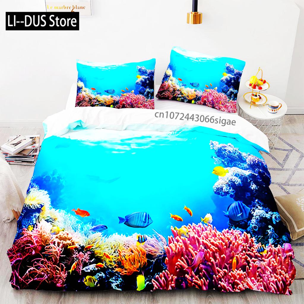 Blue Sea World Bettwäschesets 3D-Druck Meerestiere Delfine Haie Und Cartoon Steppdecke Queen Bettbezug-Set Kinder Erwachsene Bettwäsche