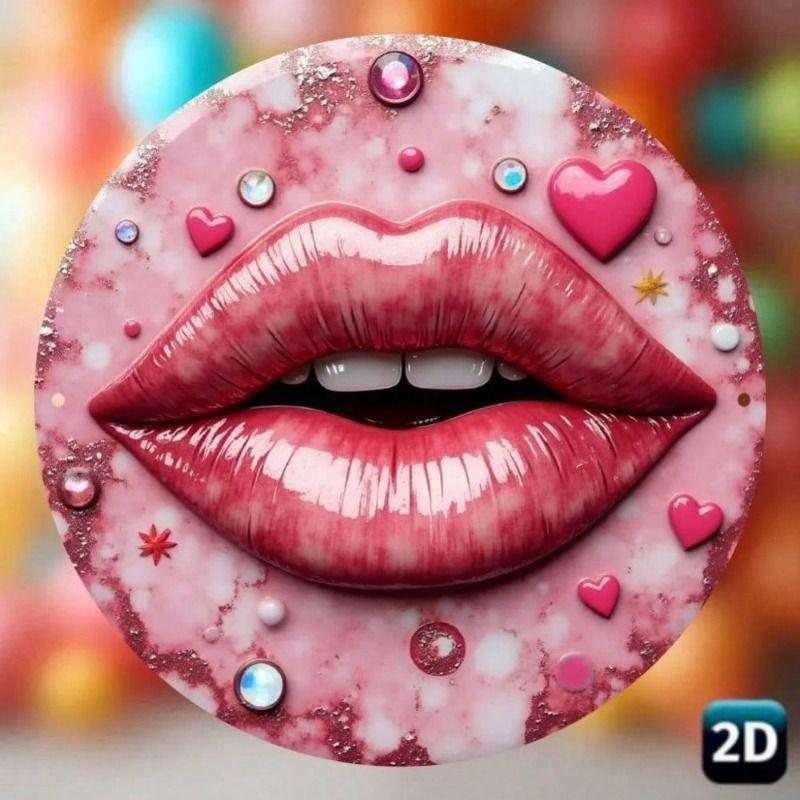 

Metal Wall Art Sexy Lips with Heart and Rhinestones Modern 2D Bedroom Decor