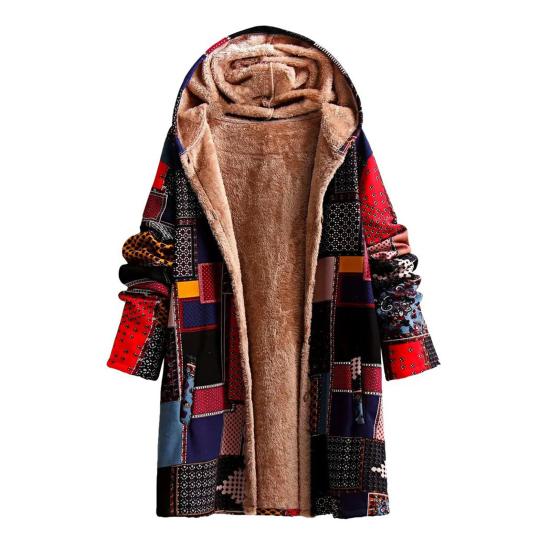 

Флисовые куртки для женщин на молнии с цветочным принтом, на подкладке из шерпы, с капюшоном, винтажный этнический стиль, лоскутное пальто S красный