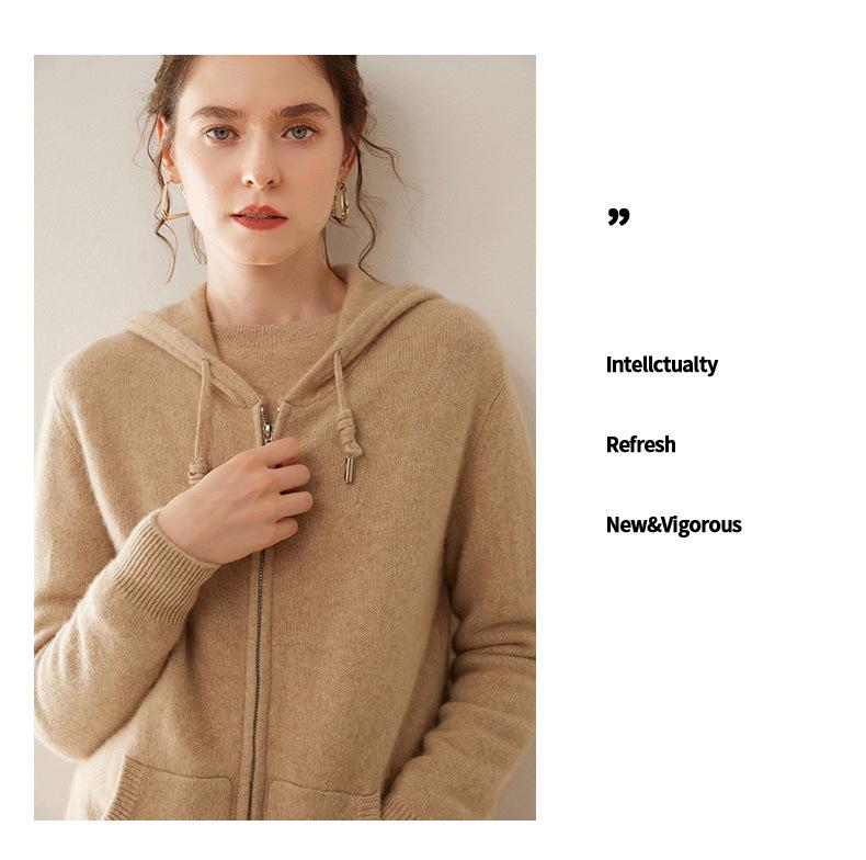 Damen Kapuzen-Kaschmir-Strickjacke mit Kordelzug - Lässige Unifarbe, Lockerer Schnitt, Langarm, Reißverschlussjacke für 2025