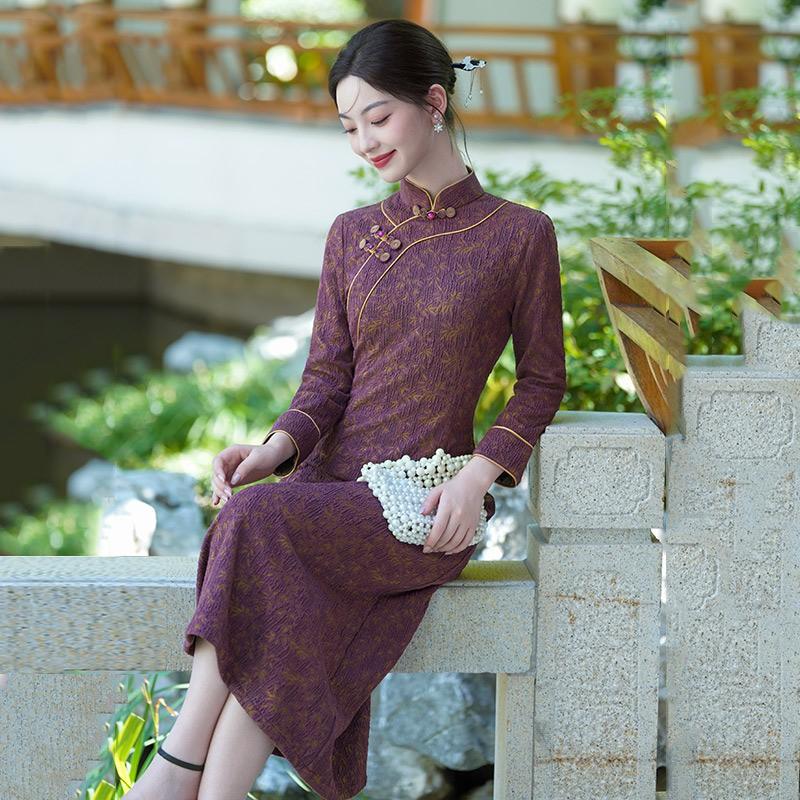 Elegant Purple Modern Chinese-Inspired Long Sleeve Dress Women Winter Vintage Style
