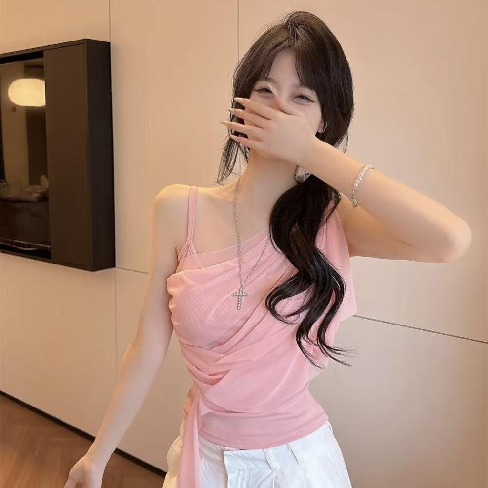 Summer new pure desire wind irregular slanted shoulder mesh sling vest women's design streamer slim top