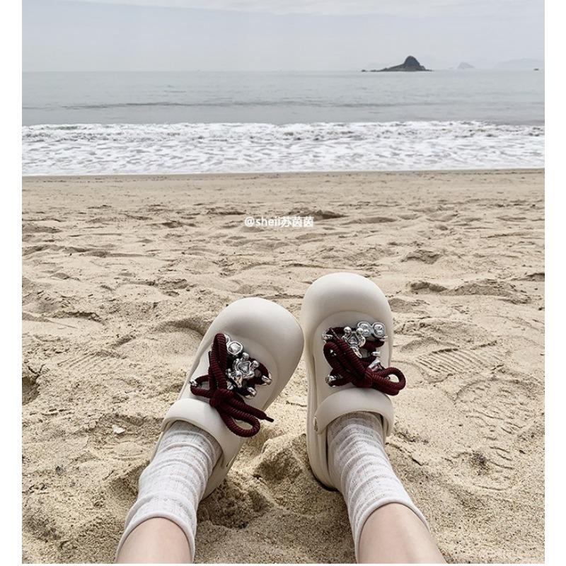 

[] Strap-on cutie~ bow rhinestone thick-soled bag head sandals women s slippers hole shoes 40-41 yards