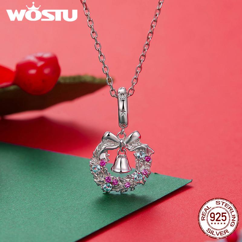 WOSTU Real 925 Silver Christmas Tree Bead CZ Santa Claus Charm Snowman Pendant DIY Bracelet Necklace Jewelry