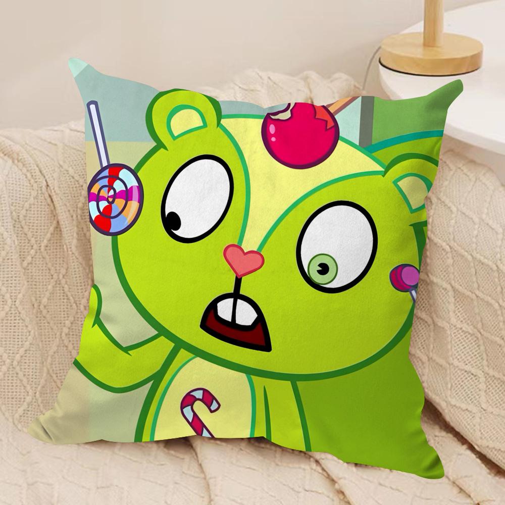 Anime Happy Tree Friends Cushion Cover Silky Short Plush DoubleSided Printed Pillow Case for Sofa All Seasons Home Decor Gift