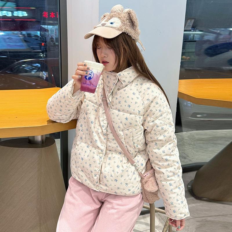 New Floral Short Down Cotton Clothes, Winter New Small Fresh and Sweet Stand-up Collar Thickened Bread Clothes Jacket