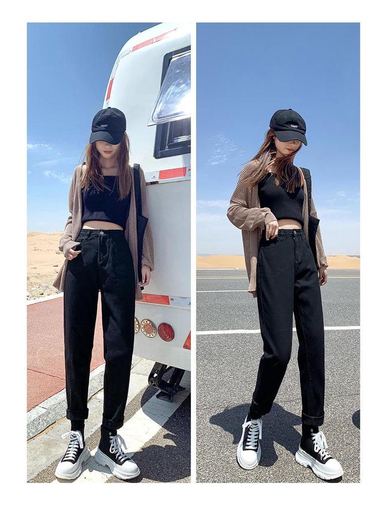 High-Waisted Fleece-Lined Korean Style Jeans for Petite Women, Autumn/Winter, Loose Fit, Straight Leg, Harem Carrot Cut.