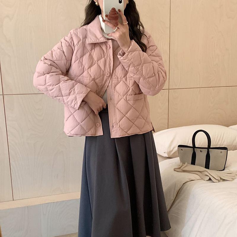 High-end White Duck Down Rhombus Down Jacket Women's Short 2024 Winter New Fashion Lapel Lightweight Shirt Collar Warm Outside