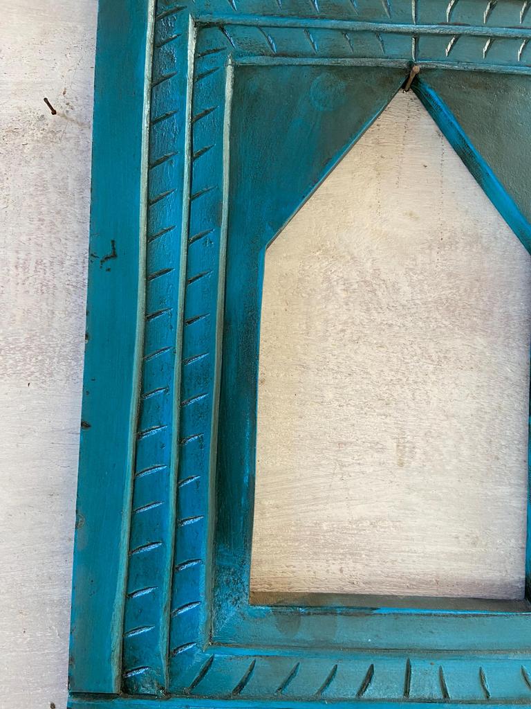 Blue Painted Wood Wall Frame: Carved Floral Indian Art Decor