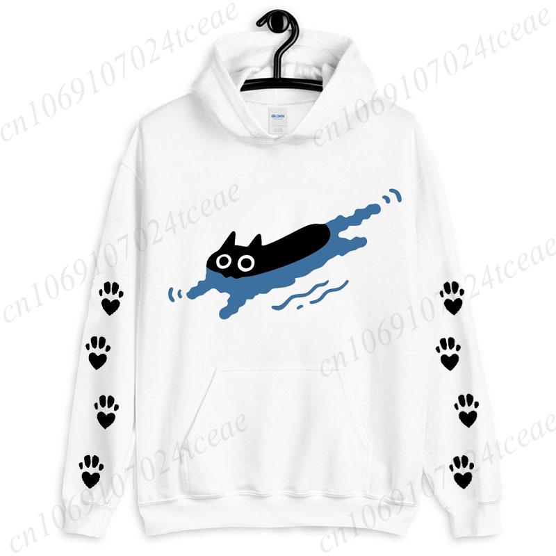Swimming Cat Print Women Hoody Hip Hop Soft Hoodies Casual Sweatshirts Pullovers Oversize Fleece Fashion Pink Woman Streetwear