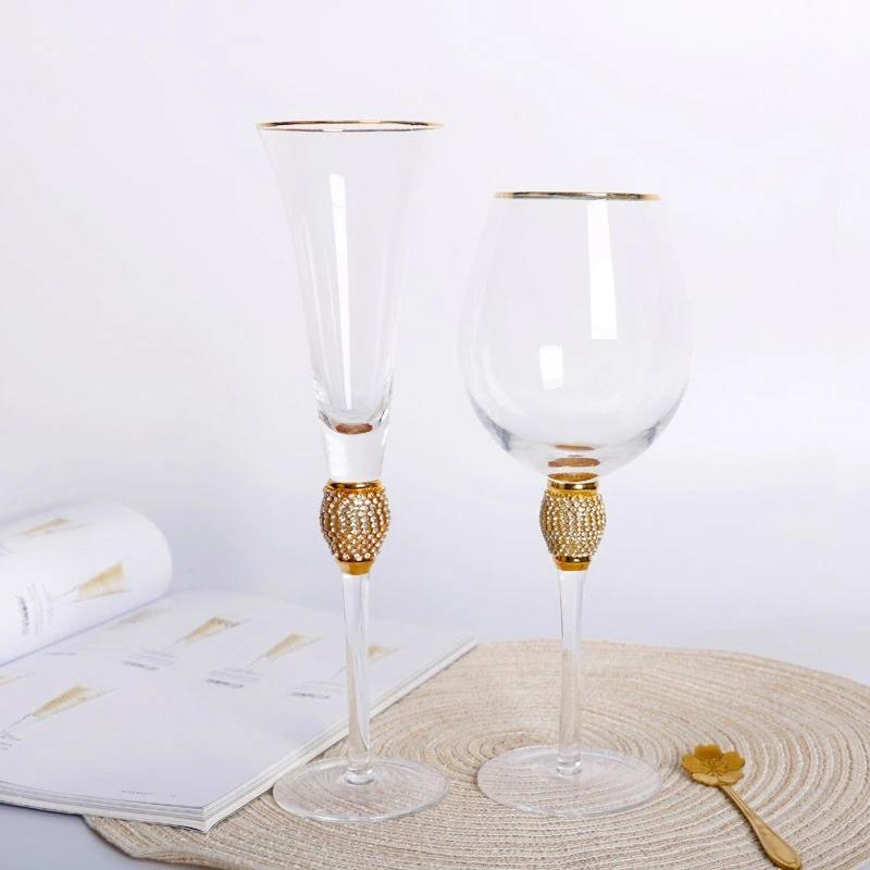 European Luxury Diamond-Embellished Gold Rim Wine Glasses Champagne Cocktail Crystal Stemware Set for Home Bar Party ElegantGift