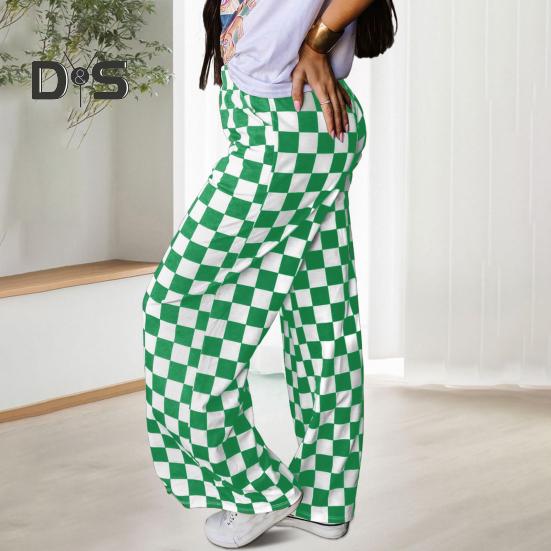 Damenhose, elastisch, hohe Taille, karierter Druck, weites Bein, Freizeithose, lockere Passform, Hose für Urlaub, Arbeit, Alltag