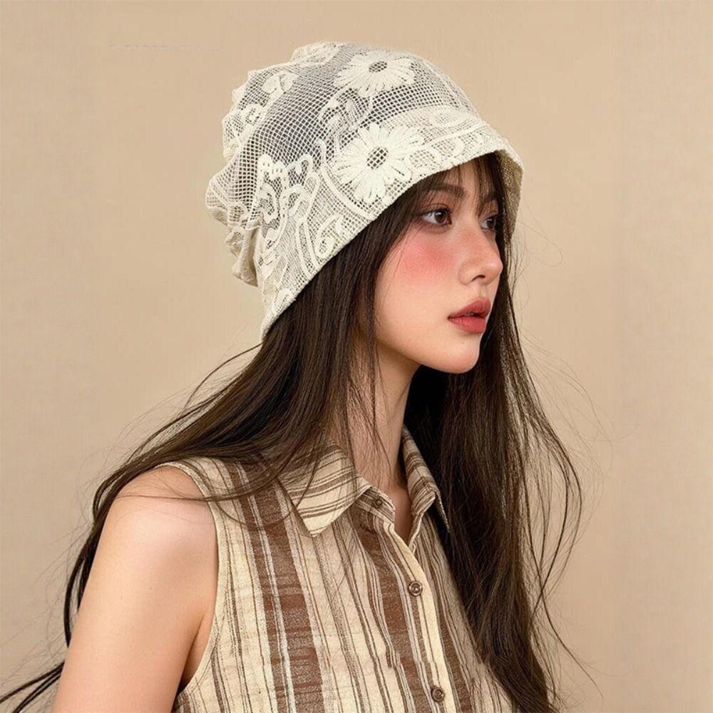Retro Embroidered Crochet Flower Lace Hat Spicy Girl Thin Hollow Out Beanies Korean Style Breathable Weave Knitted Cap Outdoor