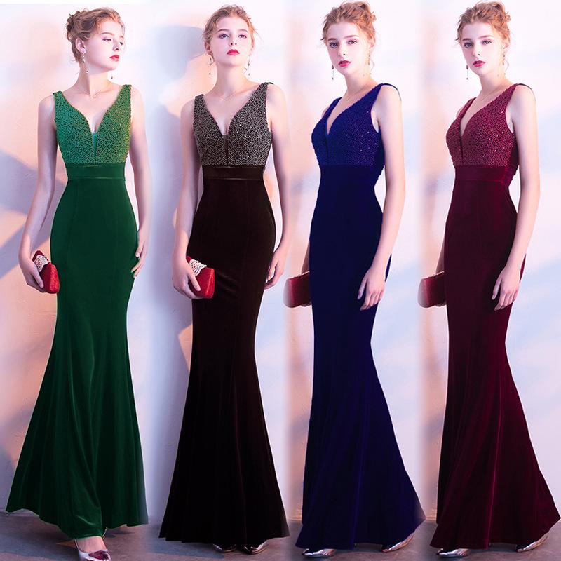Evening Female V-neck Sexy Night Show Ladies Party Dinner Dress Host