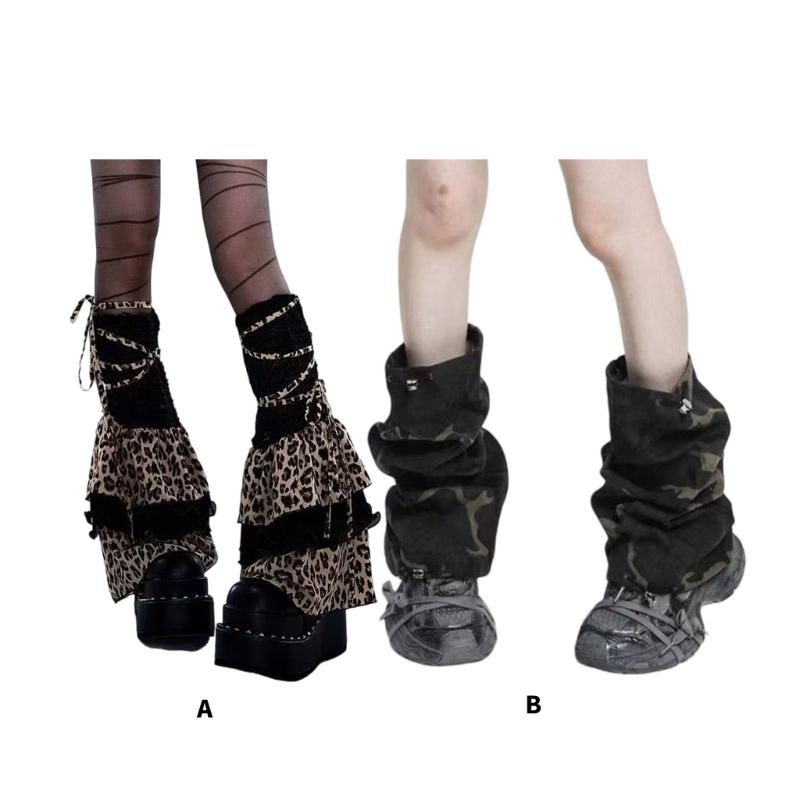 Harajuku Punk Leopard Layered Ruffle Leg Sleeves for Women Aesthetic Ties Bandages Leg Warmers Flared Boot Cover Socks