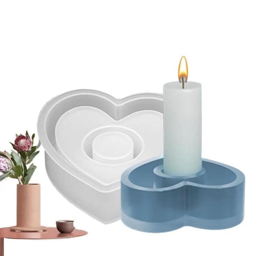 Candle Holder Silicone Mold 3D Heart/Star/Round Candlestick Holder Casting Mould Concrete Resin Molds Rod Taper Candle Holder