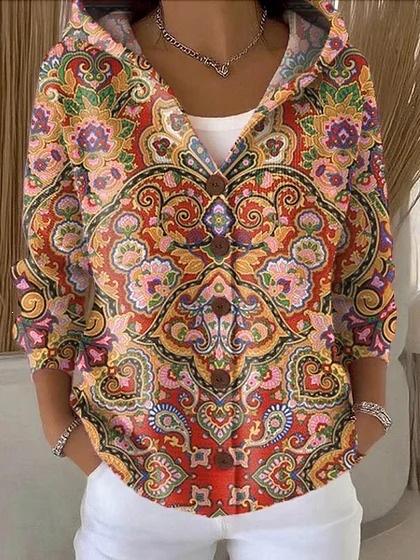 New V-neck button long-sleeved hooded sweater autumn and winter Christmas fashion personalized coat women