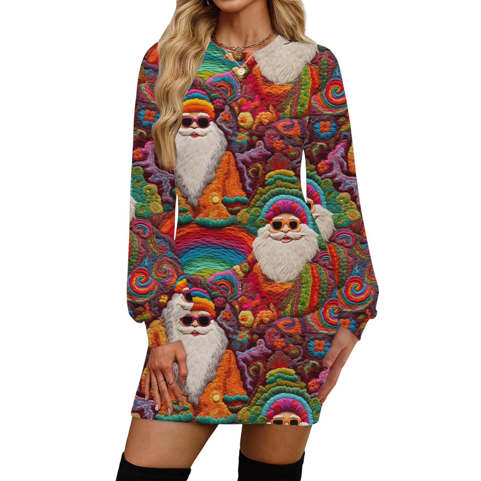 

Women s Fashion Casual Christmas Print Round Neck Long Sleeve Dress XL винний
