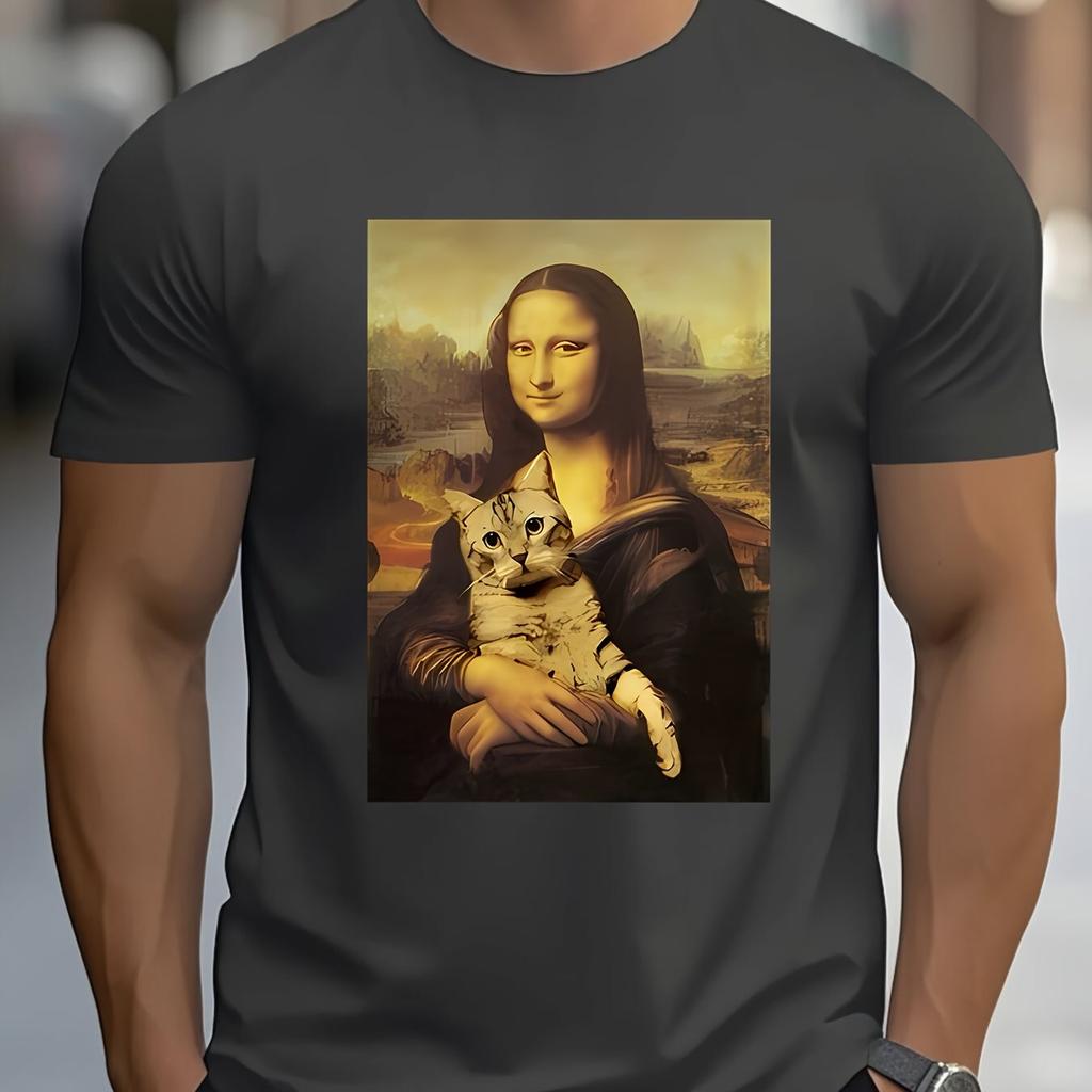 Men Mona Lisa Graphic Tee Brown Casual Short Sleeve T-Shirt with Feline Portrait Round Neck Tshirt