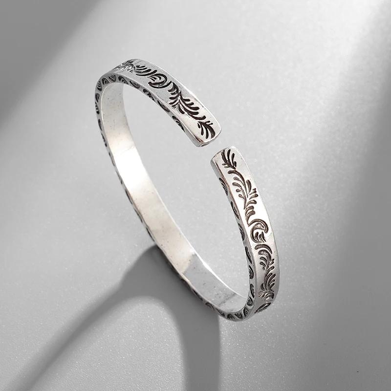 Indian Style Silver Plated Turquoise Carved Arabesque Bracelets for Men and Women Cuff Bangles Fashion Trend Party Jewelry