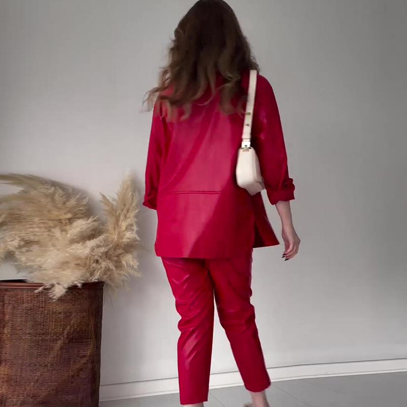 2024 Spring European & American Women's Fashion Solid Color Leather Casual Loose Long Pants Set