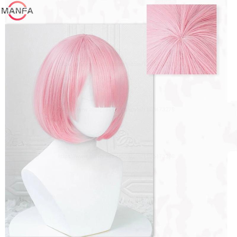 Anime Rem/Ram Cosplay Pruik 30cm Blauw/Roze Kleurverloop Pruiken Hittebestendig Synthetisch Haar white