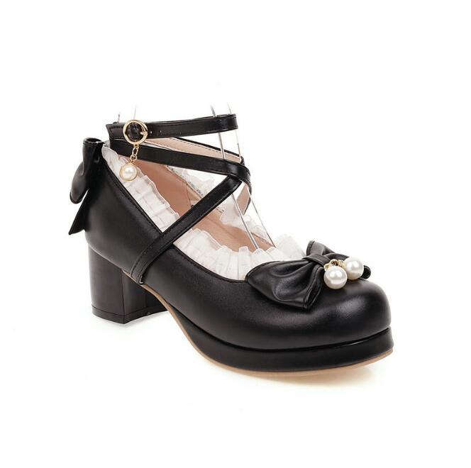 Girls High Heel Shoes Lolita Ruffles Bowknot Lace Wedding Shoes Women High Heel Princess Dress Party Shoes Plus Size 30-46