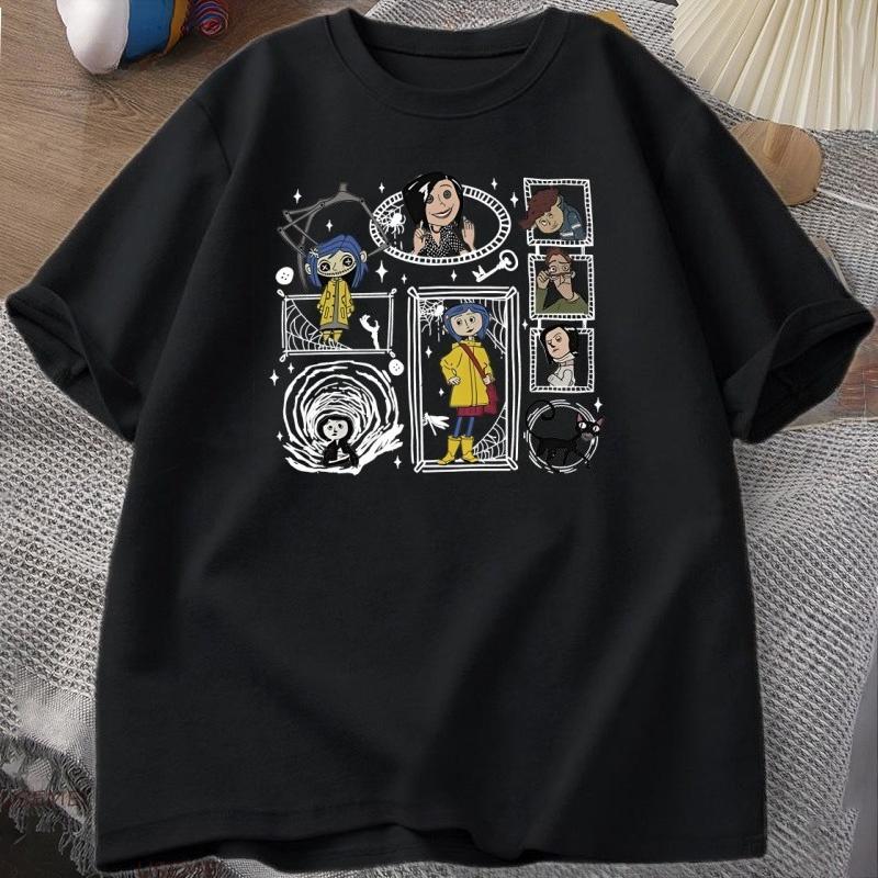 Vintage Coraline Halloween TShirt Y2k Spooky Tshirt Horror Graphic T Shirts Cotton Short Sleeve Women Clothing Male Tops Tee