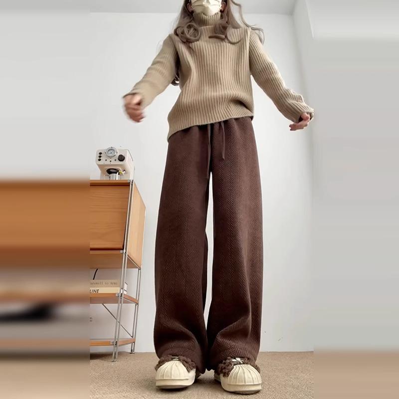 Pantalones de Café de Pierna Ancha y Cintura Alta para Mujer - Versátiles para Primavera, Otoño e Invierno con Terciopelo Plus, Corte Holgado, Estilo Casual Drapeado.