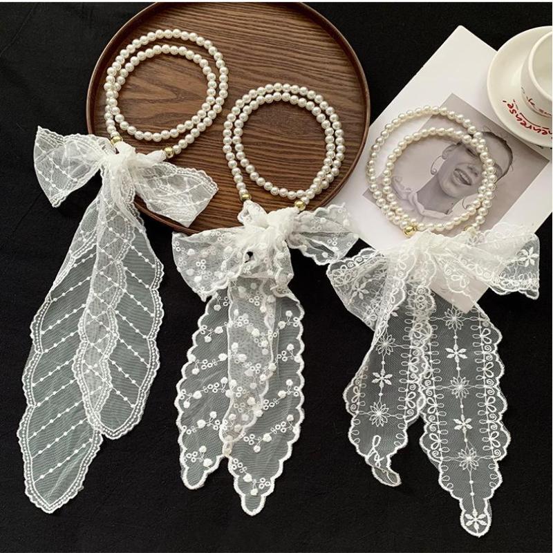 Fashion Y2k Long Lace Imitation Pearl Waistband Floral Bow Thin Tie-Up Belt For Dress Jeans Clothing Accessory