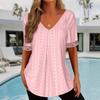Spring Summer Solid Color V-neck Loose Short Sleeved Pleated T-shirt Top for Women Shirt