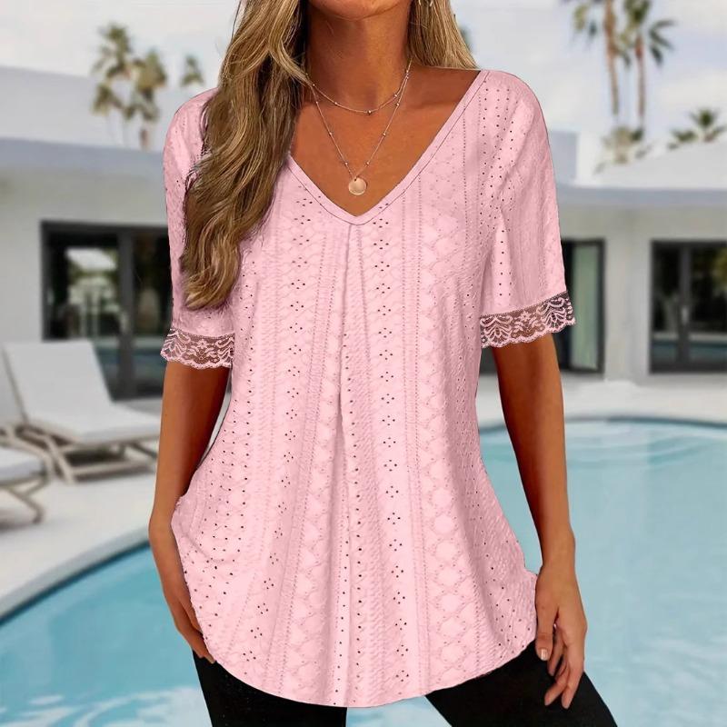 Spring Summer Solid Color V-neck Loose Short Sleeved Pleated T-shirt Top for Women Shirt