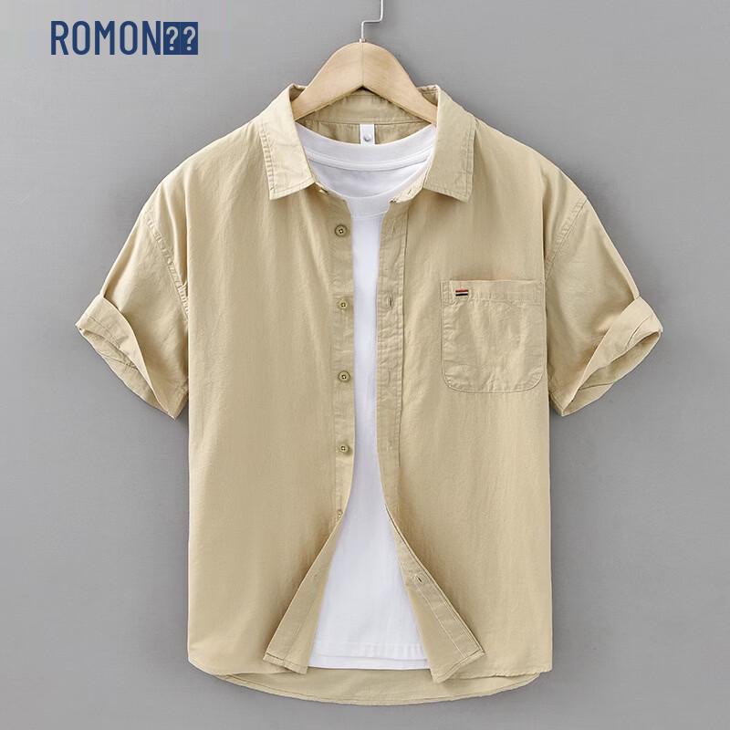 ROMON Men s Solid Color Pure Cotton Short Sleeve Shirt M