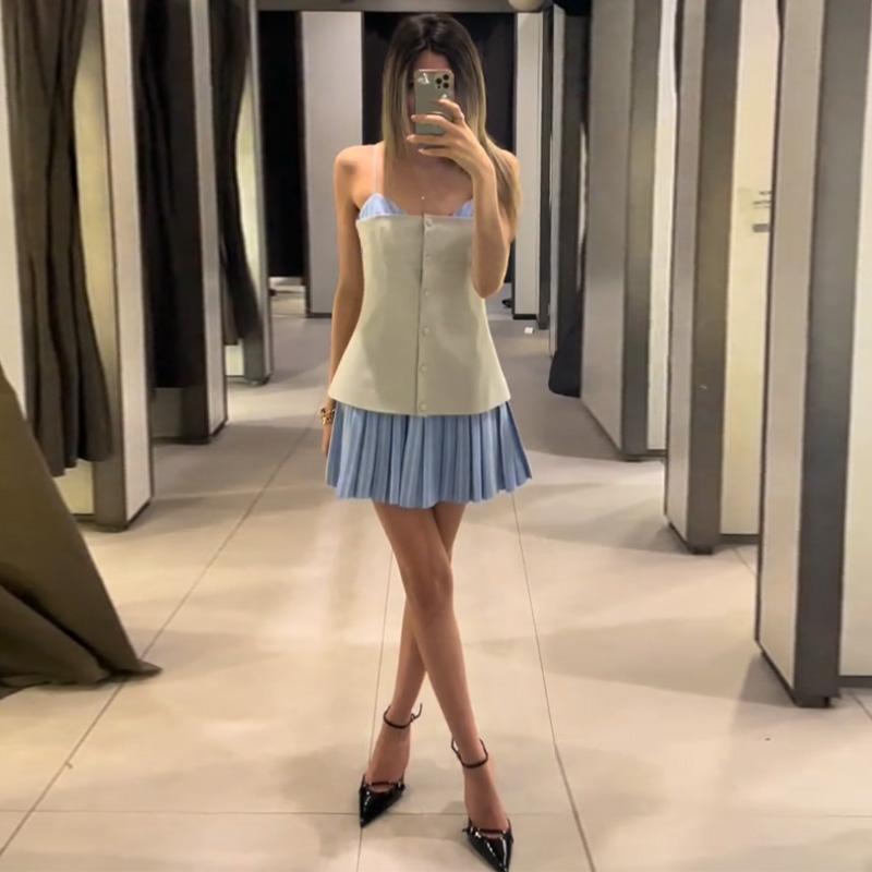 Patchwork Contrast Color Dress Pleated Hem Women Slim Sweet Strap Single Breasted Dresses Blue Y2K College Style 2025 Summer