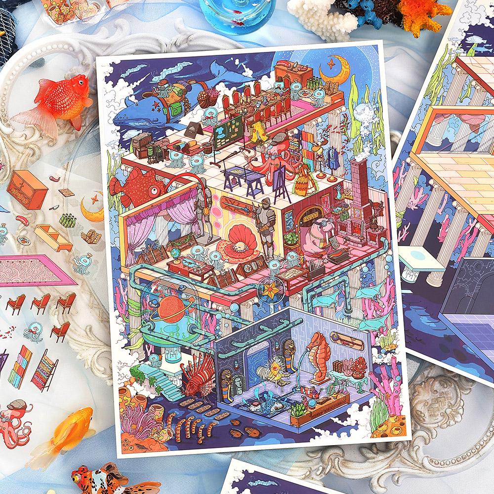 4 Folhas/Saco Série Negócios de Hoje Tema Aquário Adesivos Diorama 2.5D PET Para Scrapbooking DIY Moldura Decoração de Colagem