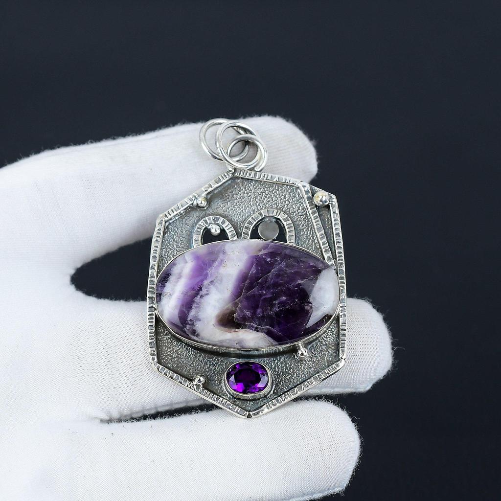 Chevron Amethyst Gemstone Pendant, Natural Chevron Amethyst Gemstone Handmade 925 Sterling Silver Chevron Amethyst Pendant For Women Pendant For Gifts