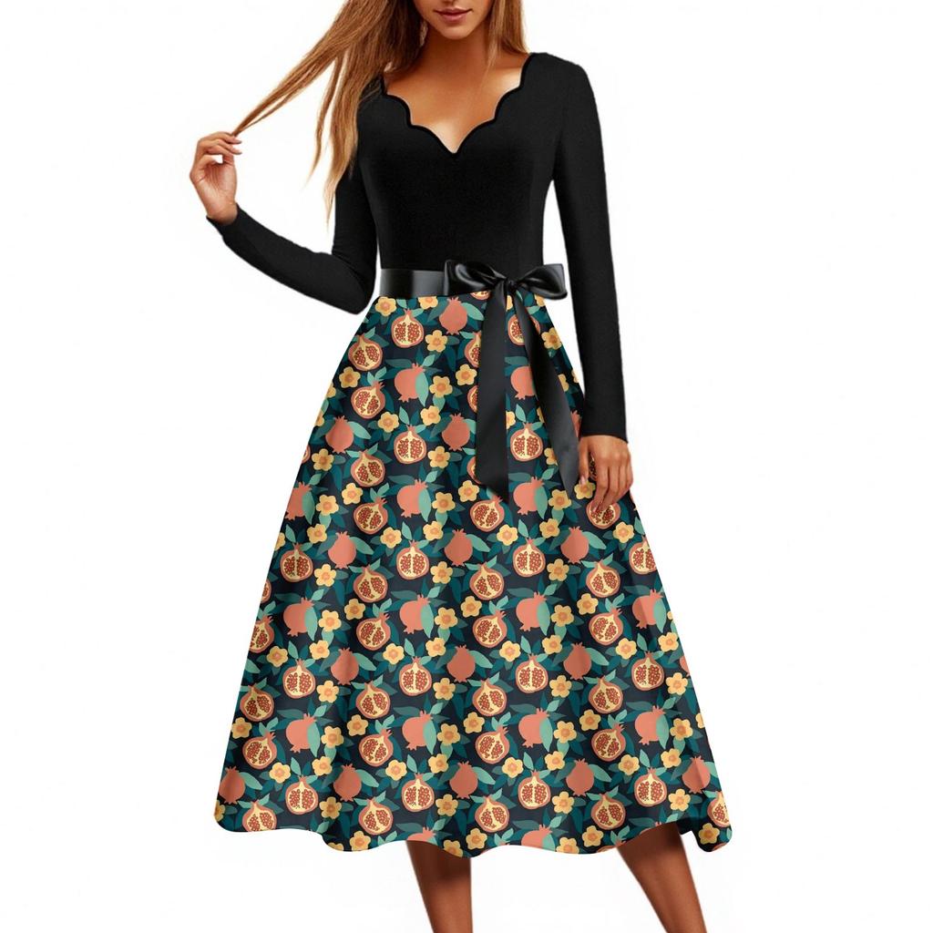 Women's Casual Fashion Floral Print Wave V Neck Vintage Dress