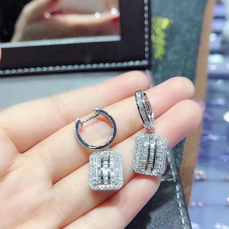 Halo Cushion Square Pendant Drop Earrings Baguette & Round Mixed Cubic Zirconia Inlaid Hoop Silver Tone Formal Ladies Accessories
