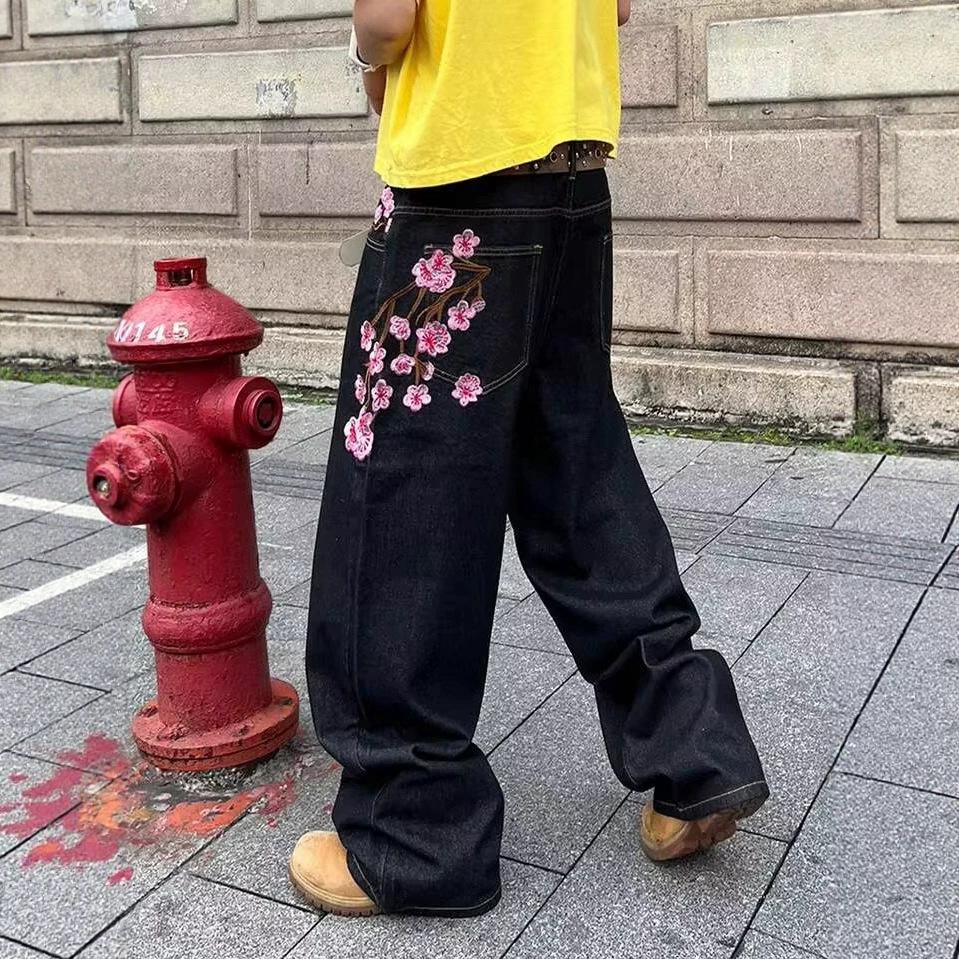 Street American retro heavy industry plum blossom embroidery loose jeans y high street design jeans