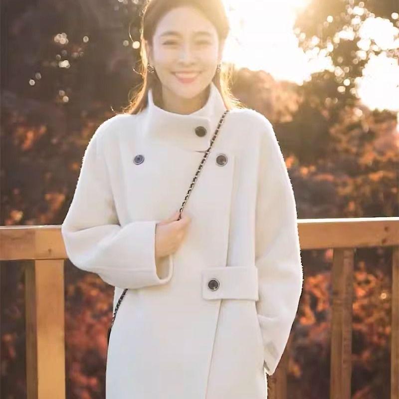 Popular Abrigo de Lana para Mujer 2024 - Estilo Coreano Otoño/Invierno, Cuello Alto Hepburn, Lana Doble Faz