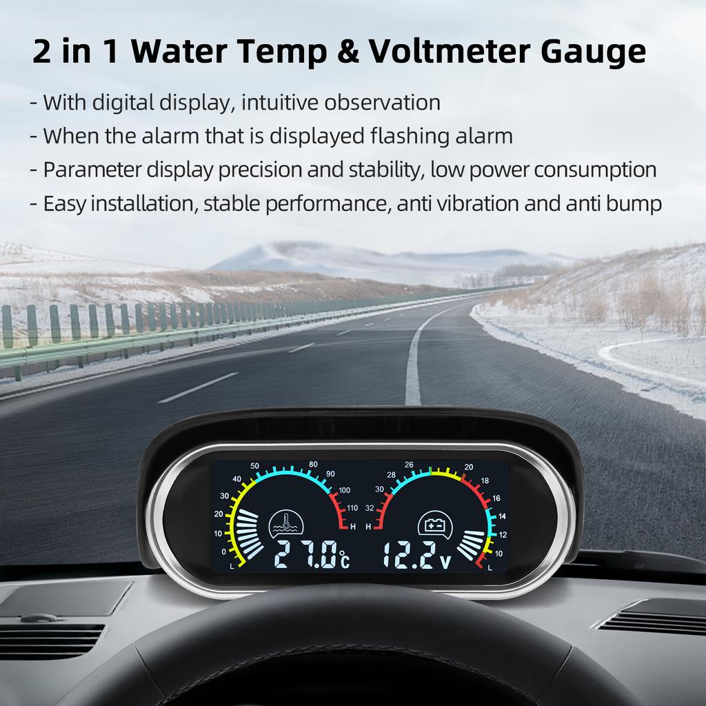 2 in 1 Auto Digital Water Temp Meter &Voltmeter &Oil Pressure Gauge Volt Voltage Meter with 1/8NPT Sensors For Car Truck 12V 24V
