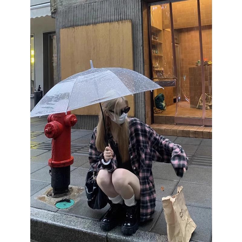 Women's Retro Black & Pink Plaid Shirt - Spring/Autumn 2024 Collection: Loose, Casual, Lazy Style, Long Sleeve Jacket Design.