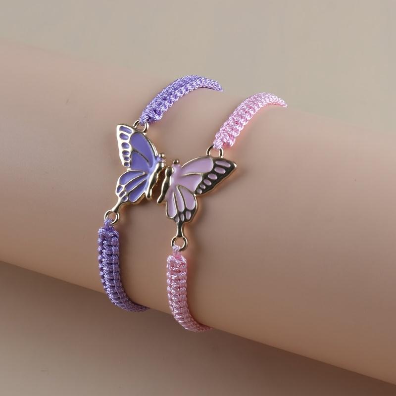 A Set of Two Bohemian Handmade Woven Bracelets Featuring a Charming Oil-Drop Butterfly Design, Perfect As Lucky Jewelry for Couples