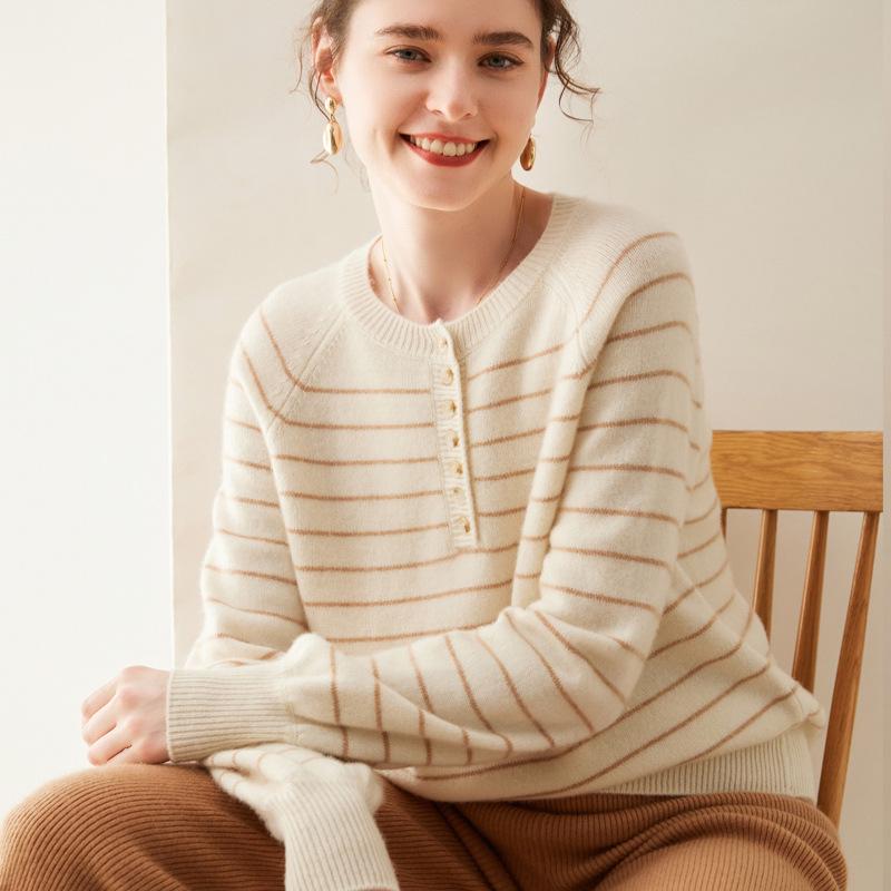 

Женский полосатый уютный вязаный свитер из чистого кашемира - Мягкий, свободного кроя для осени/зимы Extra Large