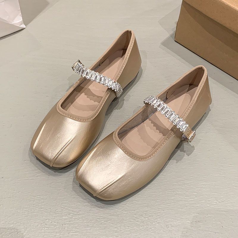 One word with rhinestone flat bottom Mary Jane women's shoes new square head shallow mouth soft sole single shoes