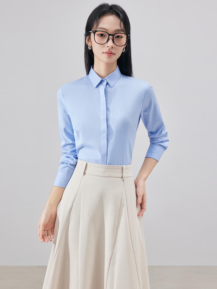 Women's Blue Long-Sleeve Professional Shirt - Solid Color, Ideal for Spring/Autumn Office and Interview Wear