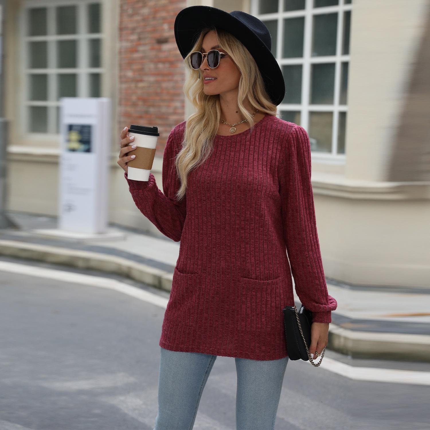 

Женская осенне-зимняя карманная модная верхняя повседневная свободная футболка с пузырьковыми рукавами XL бордовый